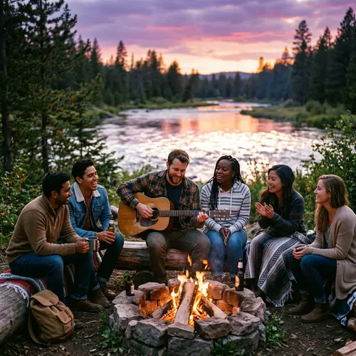 Twilight Summer Scene: River, Campfire, Music & Friends
