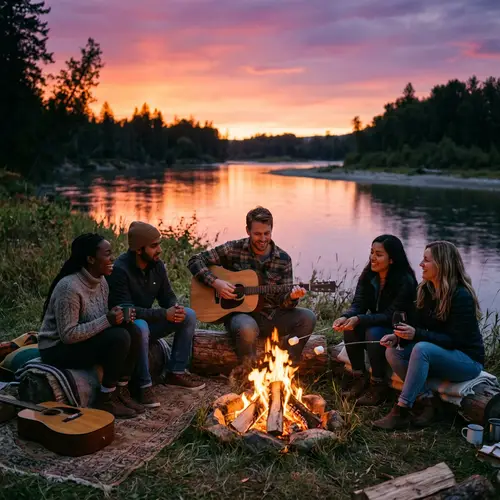 Serene Summer Evening Twilight with Friends by Campfire