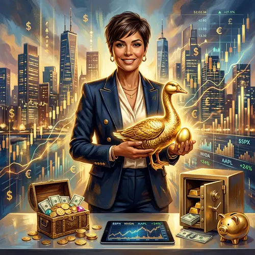 Modern Financial Success Art: Wealthy Hispanic Woman with Golden Goose