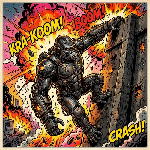 Gorilla-Shaped Robot Climbing Wall with Comic-Style Explosions