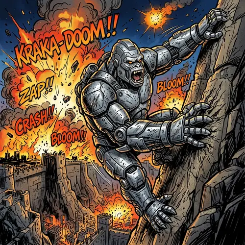 Giant Robot Gorilla Climbing Wall with Explosions - Comic Style Art