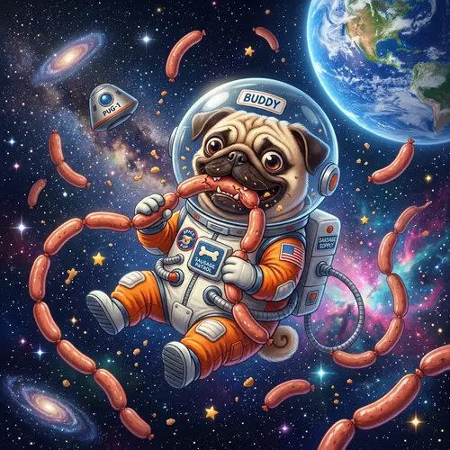 Dog Flying in Outer Space Munching on Sausages