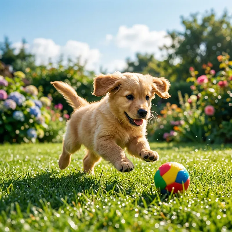 Joyful Puppy Playing in Sunlight on Green Lawn
