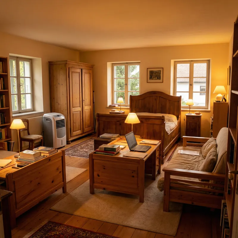 Cozy Study Room with Wooden Furniture & Warm Lighting