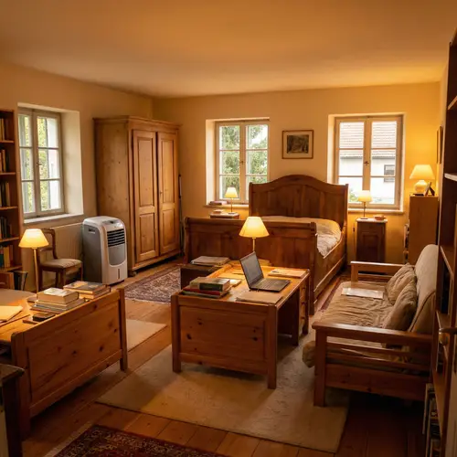 Cozy Study Room with Wooden Furniture & Warm Lighting