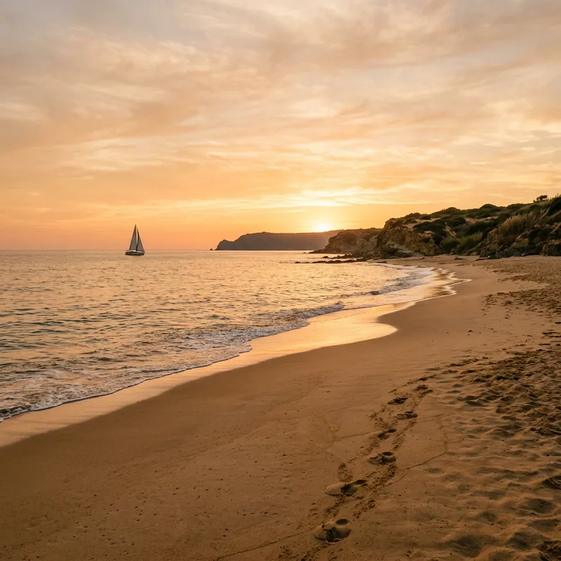 Tranquil Coastal Landscape with Sandy Beach and Sailboat at Sunset