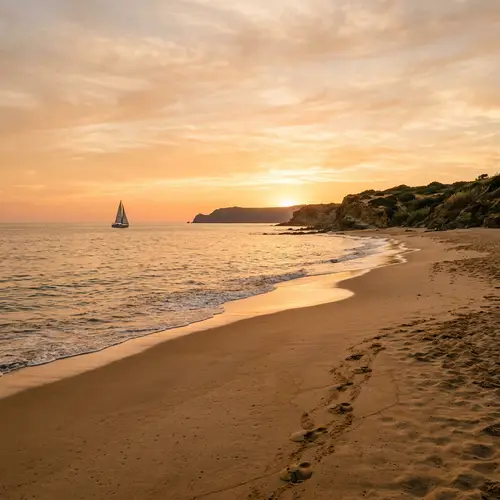 Tranquil Coastal Landscape with Sandy Beach and Sailboat