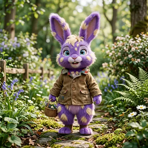 Vivid Purple Female Bunny in Stylish Brown Jacket