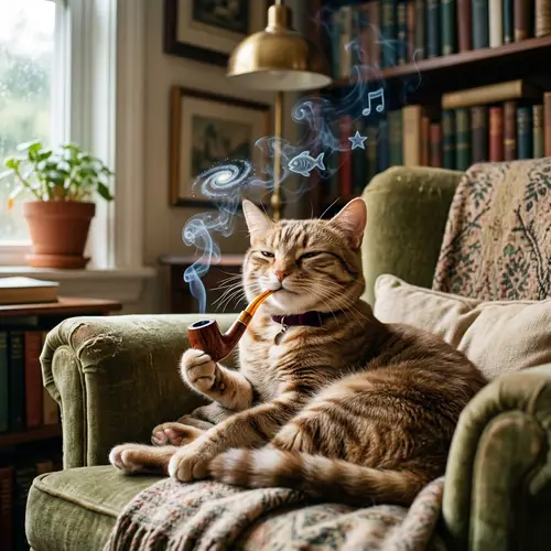 Domestic Cat Smoking Pipe in Comfortable Chair