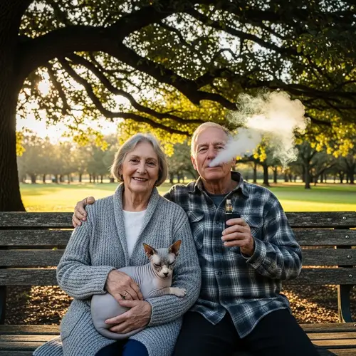 Grandparents Enjoying Vape with Hairless Cat