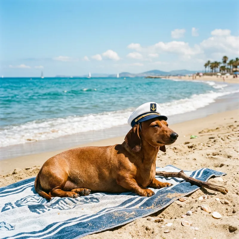 Cute Sailor Dachshund Relaxing at Seashore