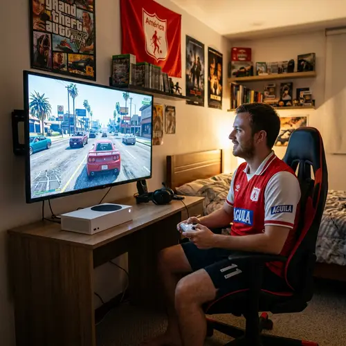 Caucasian Man Playing GTA 5 on Gaming Console in Bedroom