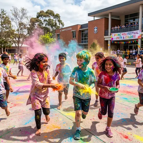 Diverse Kids Celebrate Holi in School Campus | Joyful Scene