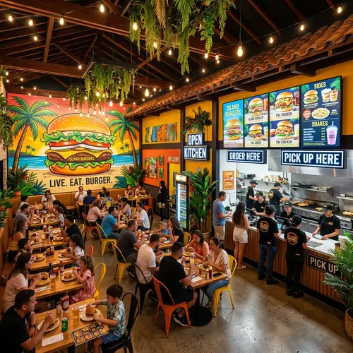 Family-Friendly Burger Restaurant with Cool Mural