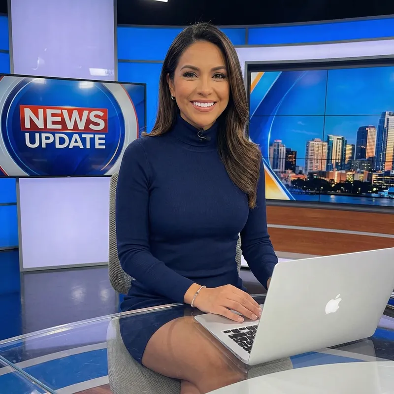 Empowering Latina News Anchor in Stylish Minidress