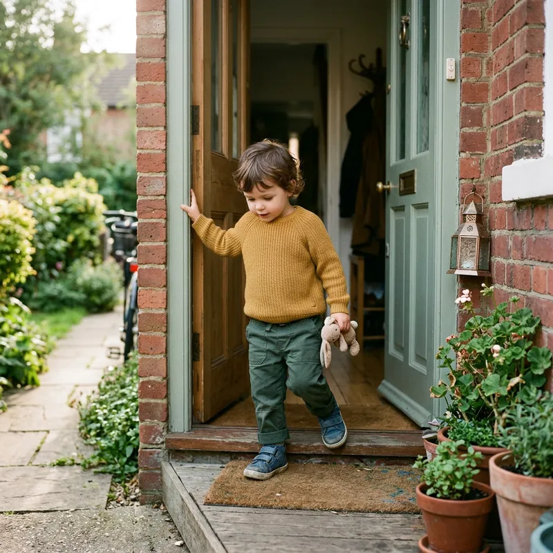 Small Child Stepping Out of Home | Young Kid Leaving House