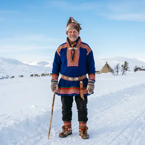 Sámi Person in Traditional Clothing Standing in Snowy Landscape