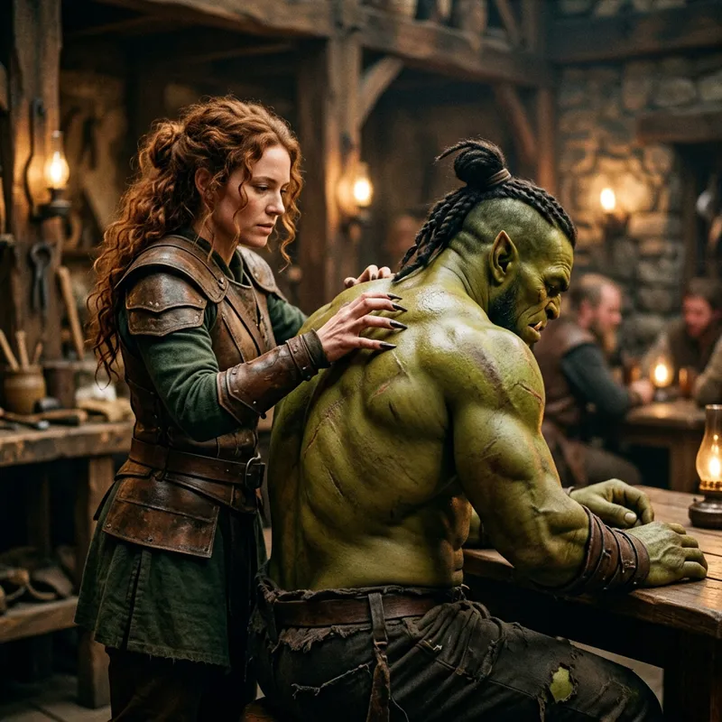 Woman with Cat-Like Nails Scratching Green Humanoid's Back