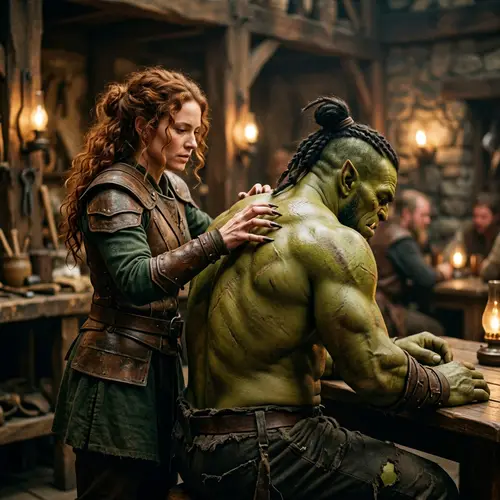 Woman with Long Cat-Like Nails Scratching a Green Humanoid's Back