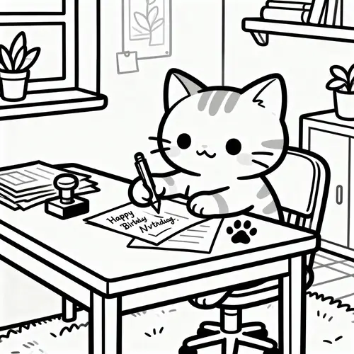 Cute Cat Writing Birthday Invitations - Adorable Art