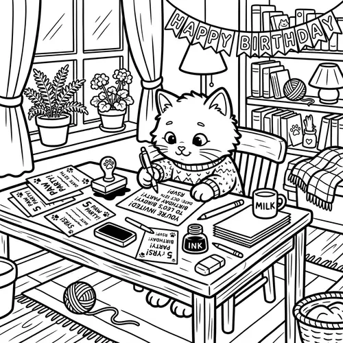 Cute Cat Writing Birthday Invitations - Adorable Art