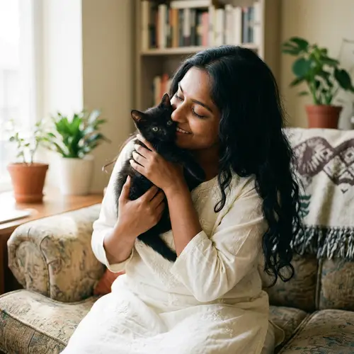 South Asian Woman Kissing Black Kitten | Lovely Image