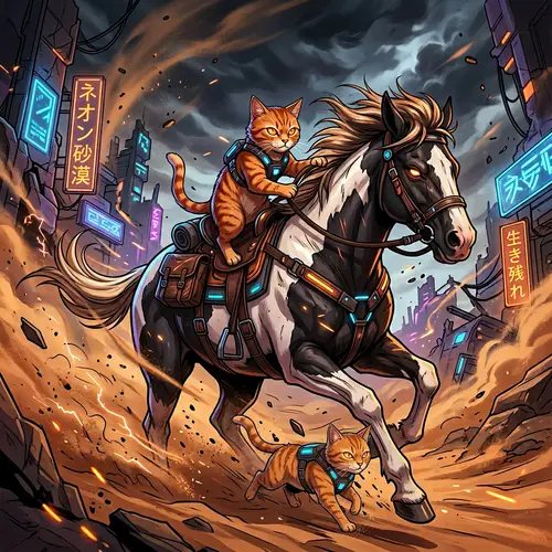Ginger Cat Guiding Piebald Horse Through Cyberpunk Sandstorm