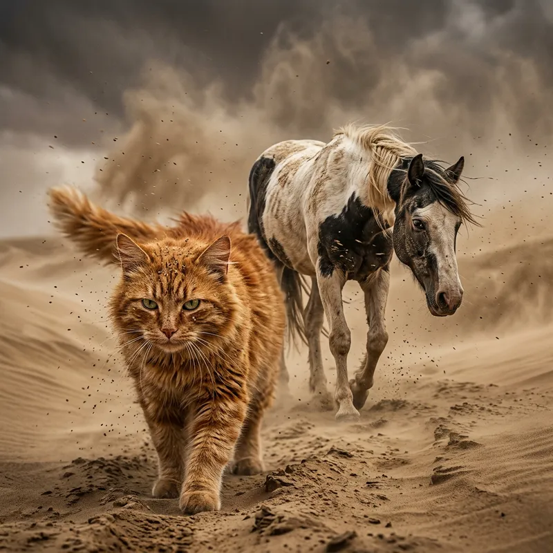 Vibrant Ginger Cat Leading Piebald Horse in Desert Sandstorm