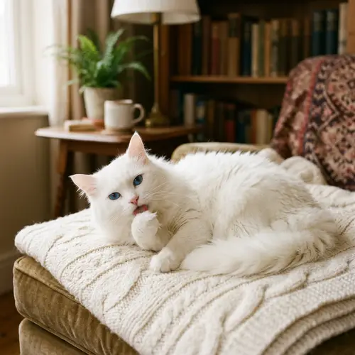 Fluffy White Cat with Bright Blue Eyes in Serene Setting