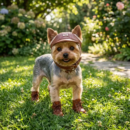Adorable Yorkshire Terrier in Boots and Hat on Grass
