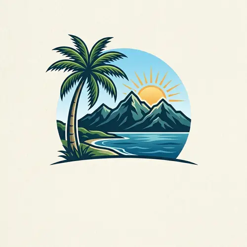 Exotic Logo Design with Palm Tree and Mountains