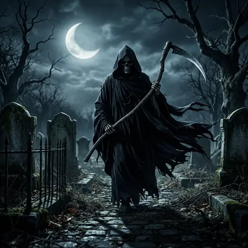 Grim Reaper: Personification of Death in Dark Robe with Scythe