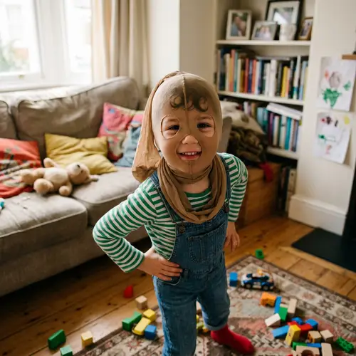 Creative Child Playing with Pantyhose Mask - Fun Home Costume