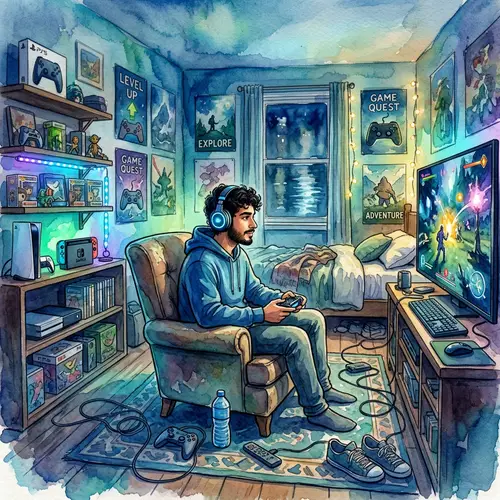 Vibrant Gamer's Retreat: Watercolor Bedroom Illustration