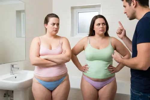 Annoyed Women in Pastel Camisoles: Bathroom Scene