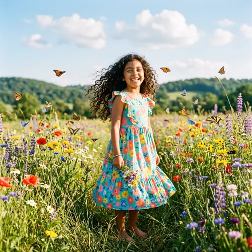 Stunning Hispanic Girl in Colorful Summer Dress Among Wildflowers