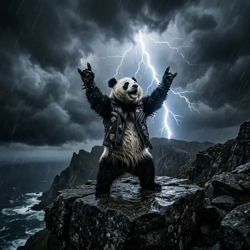 Rock n' Roll Panda Reaching to the Sky with Lightning Background