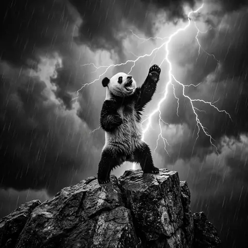 Rock and Roll Panda Pose with Lightning Background