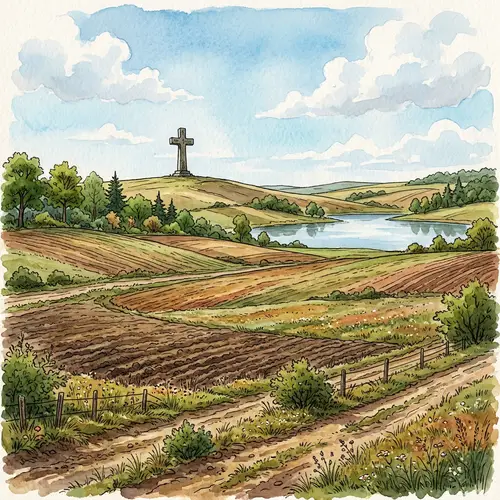 Picturesque 2D Landscape with Vast Soil, Large Cross, Lake, Woods