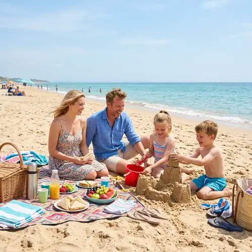 Family Beach Day: Kids Enjoy Picnic and Sandcastles