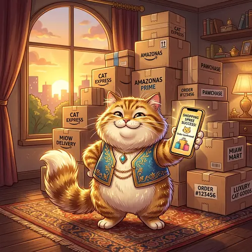 Prosperous Cartoon Cat Rich with Amazon Boxes |  Wealthy Feline on Phone