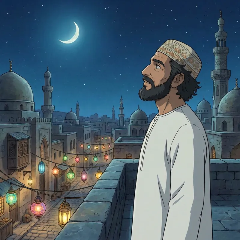 Middle-aged Anime Character in Islamic Attire for Ramadan