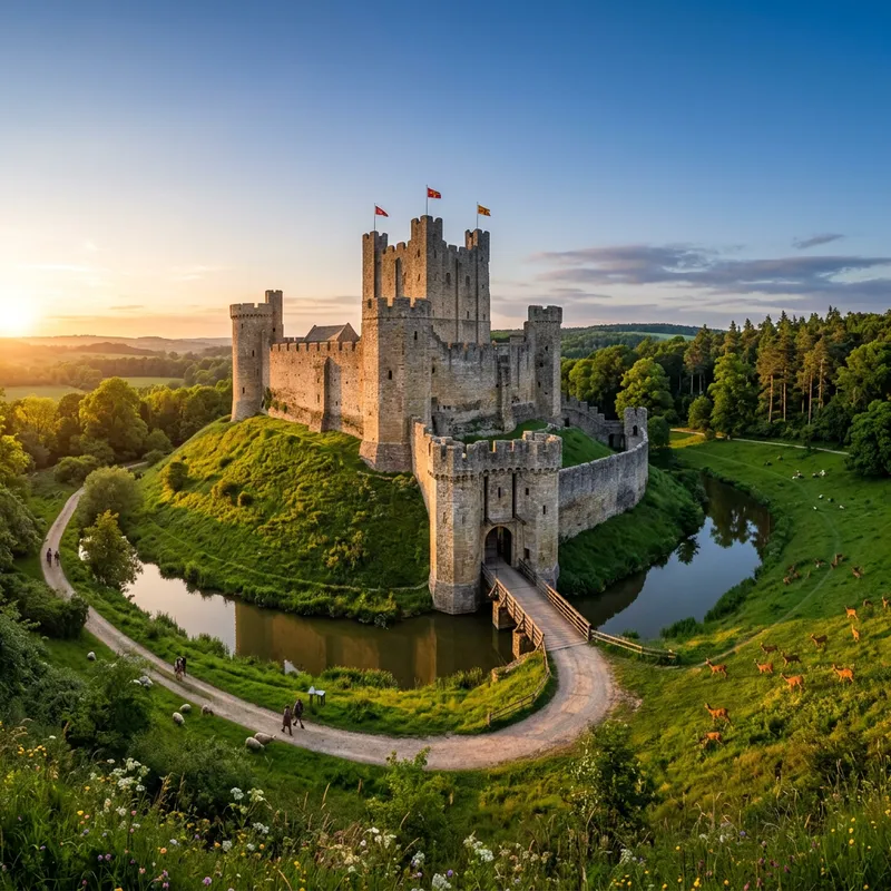 Medieval Castle at Sunset on Grassy Hill
