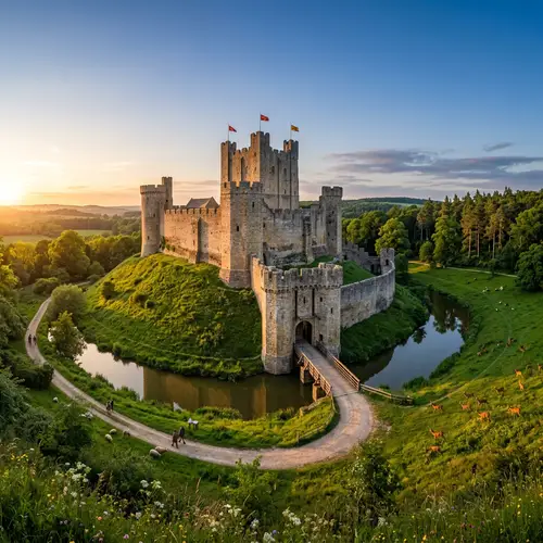 Majestic Medieval Castle on Grassy Hill | Sunset Fortress View