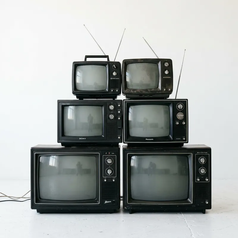 Vintage Black Television Pyramid Display on White Background