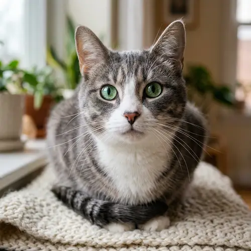 Curious Domestic Cat with Soft Grey and White Fur