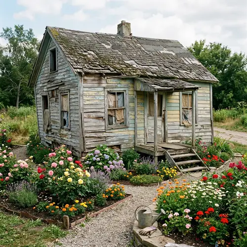 Vintage Dilapidated House with Colorful Garden | $100 House
