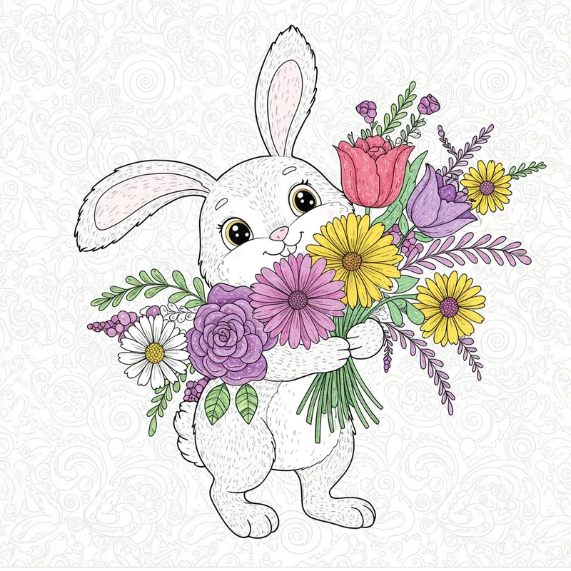 Coloring Page: Bunny with Flower Arrangement
