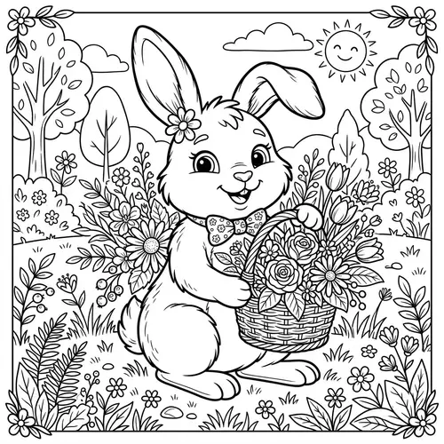 Coloring Page: Bunny with Flower Arrangement