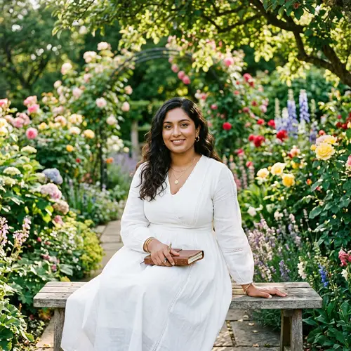Youthful South Asian Woman in Elegant White Dress | Garden Portrait